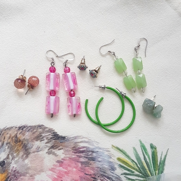 Set of 6 Pink & Green Earring Bundle (pierced ears) - Picture 1 of 14